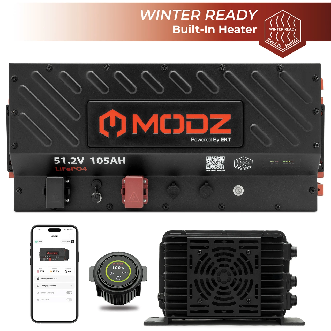 MODZ® Universal 48 Volt (51.2V) 105Ah Slim Lithium Golf Cart Battery Bundle with Built-In Heater