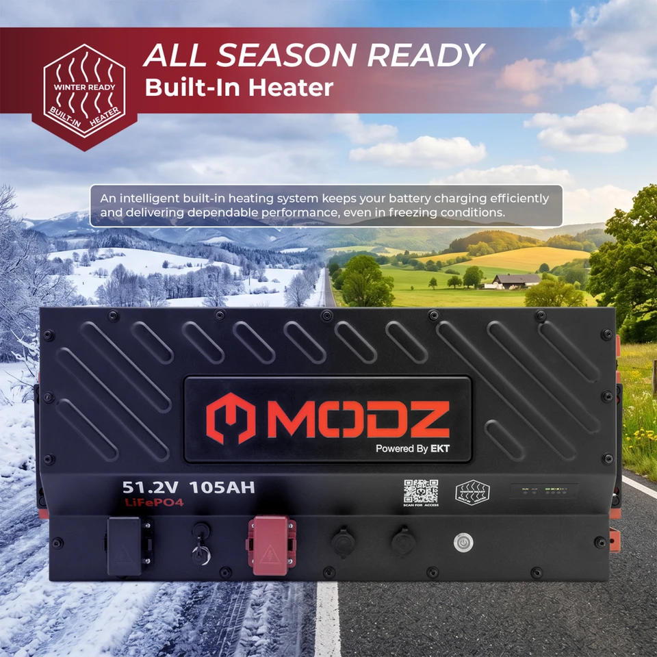 MODZ® Universal 48 Volt (51.2V) 105Ah Slim Lithium Golf Cart Battery Bundle with Built-In Heater