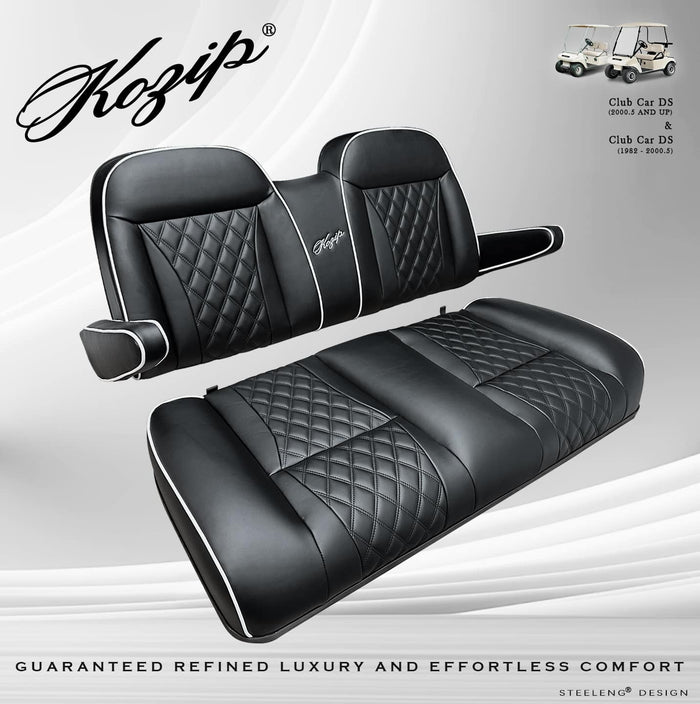 KOZIP Cushion Set Front Seat for Club Car Precedent (2004-2018), Tempo (2018-Up) and Onward (2017-Up) – Black Base-White Stitch-Black Insert SCPR31 –