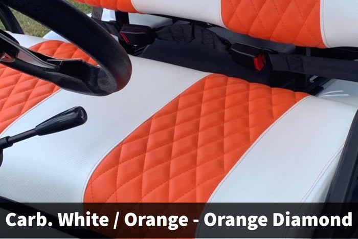 Carbon White & Orange Diamond Stitch Seat Covers (Yamaha, EZGO, Club Car, ICON, Advanced EV, Evolution)