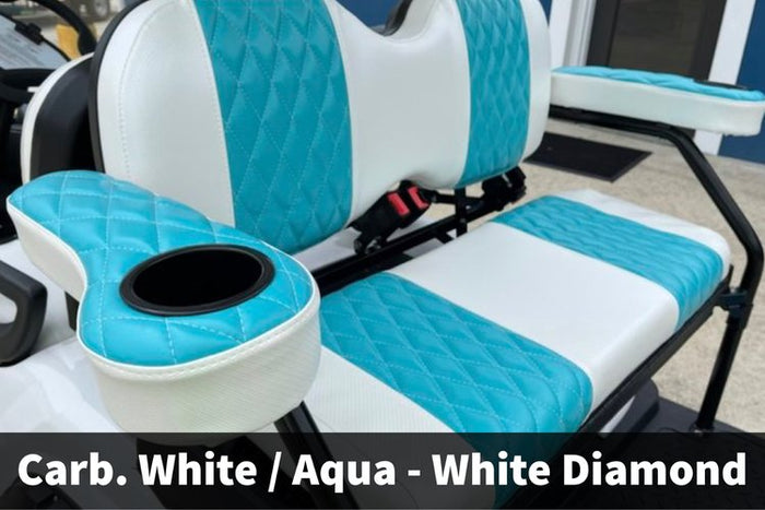 Carbon White & Aqua Diamond Stitch Seat Covers (Yamaha, EZGO, Club Car, ICON, Advanced EV, Evolution)